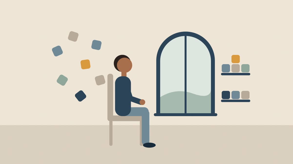 Illustration of a person sitting calmly by a window, looking from scattered shapes toward the same shapes arranged neatly on a shelf