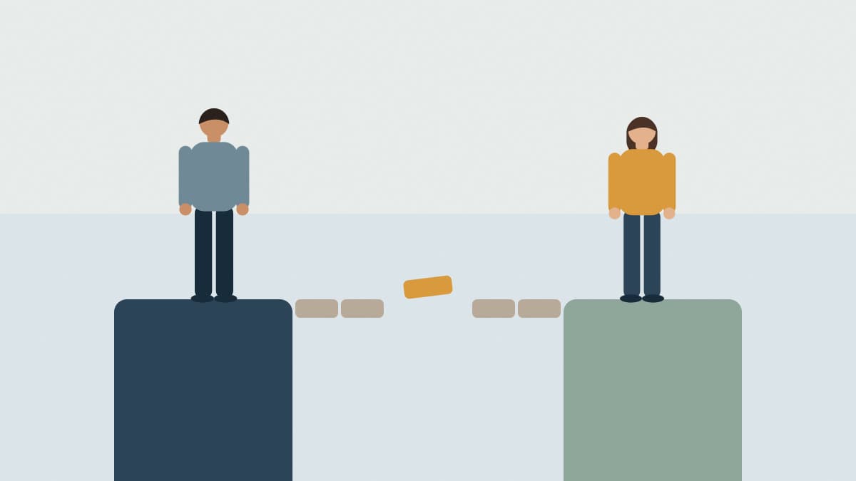 Illustration of two people on separate platforms with a bridge being built from both sides toward the middle