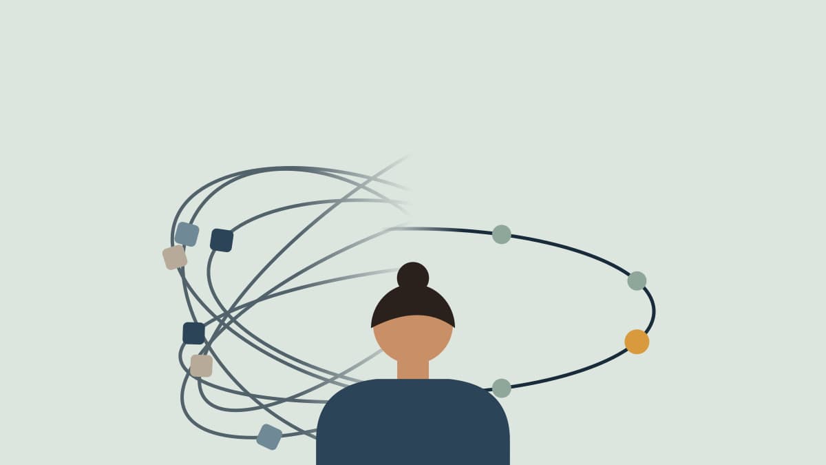 Illustration of a person with tangled orbits of tasks on one side and a single calm orbit on the other
