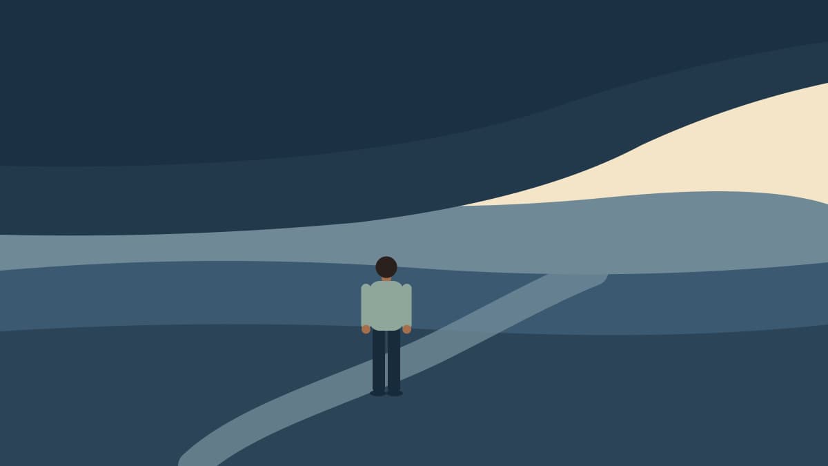 Illustration of a person on a path under a low, heavy sky that lifts toward warm light on the horizon