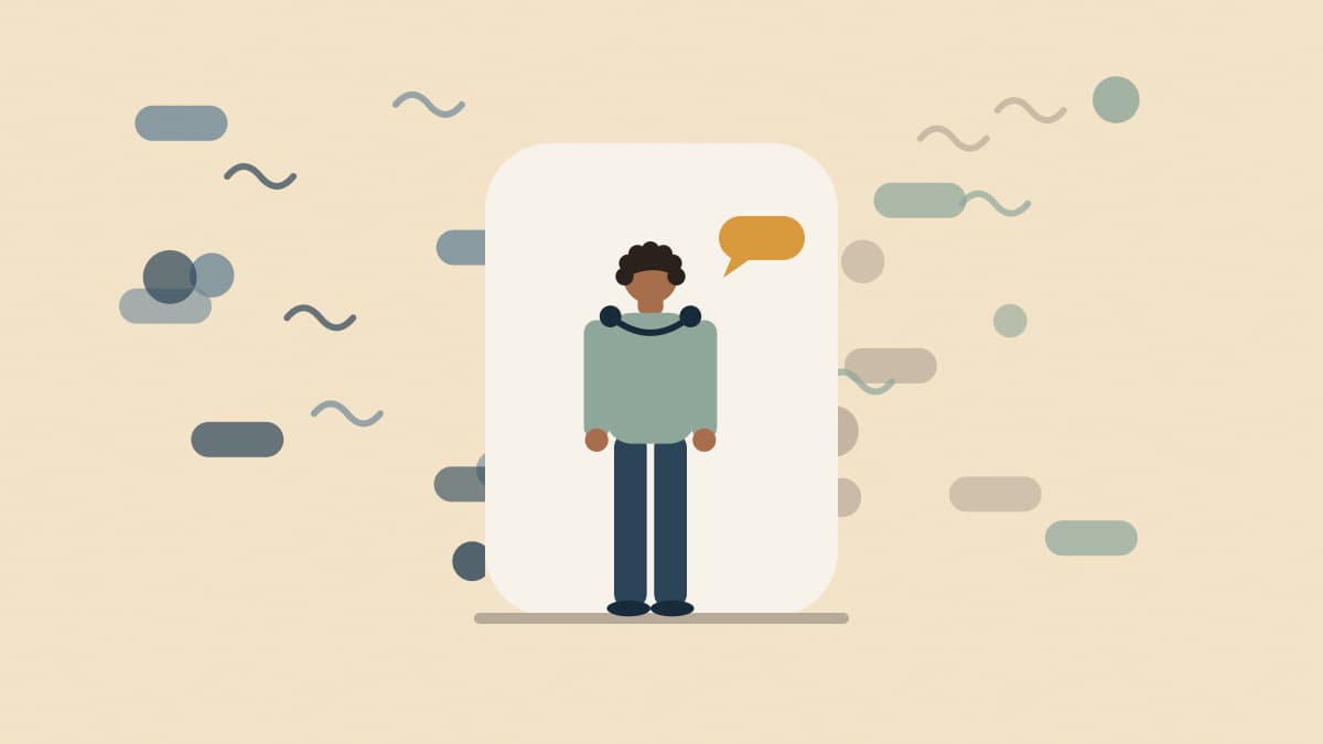 Illustration of a teenager standing in a calm clear space with busy shapes and signals around the edges