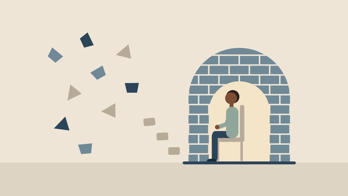 Illustration of scattered angular fragments gradually becoming bricks in an arch, with a person seated safely inside