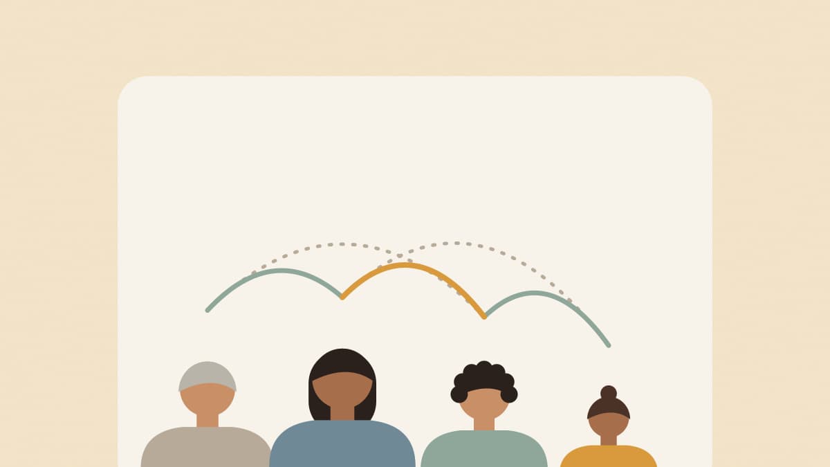 Illustration of four family members of different ages in one room, connected by arcs, some faint and some clear