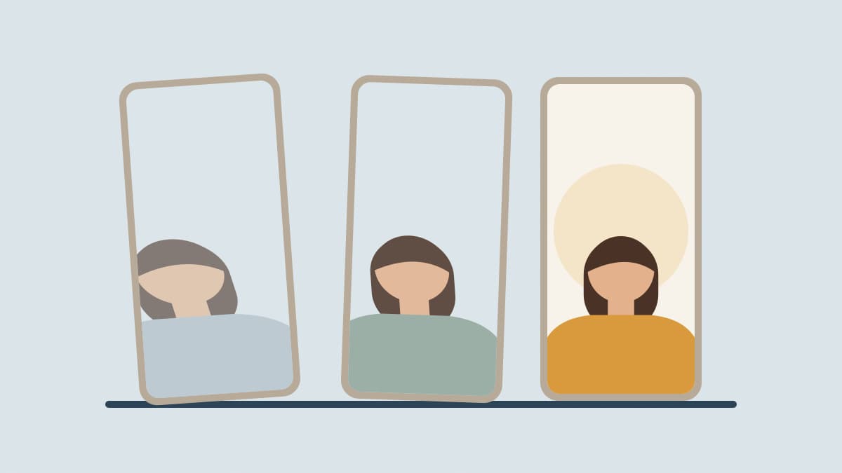 Illustration of three mirrors showing the same person, distorted in the first and clear and warm in the last