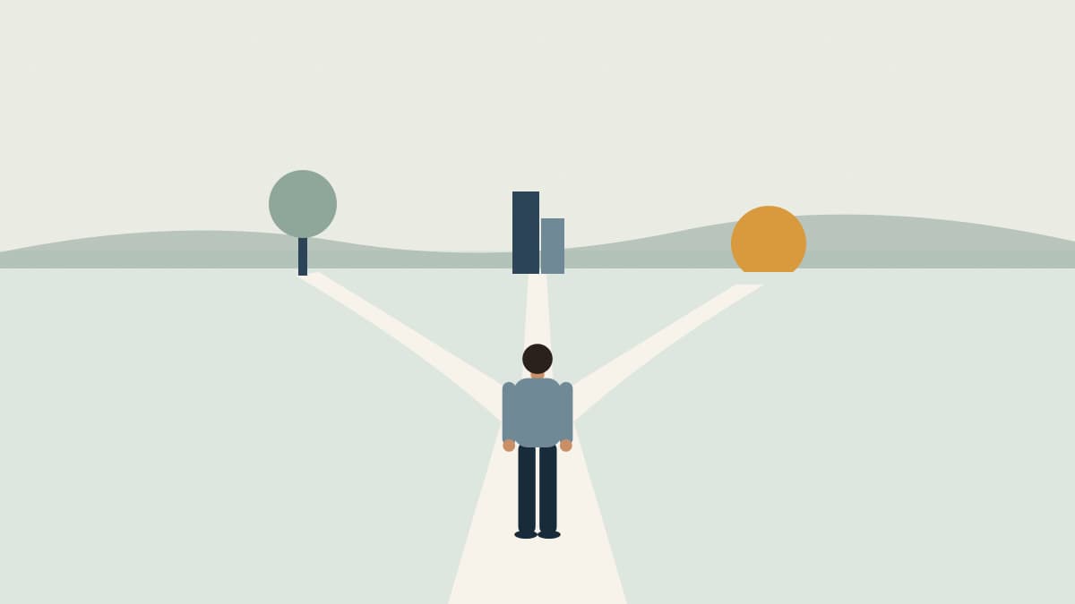 Illustration of a person standing where a path splits into three, leading toward a tree, a building and a rising sun