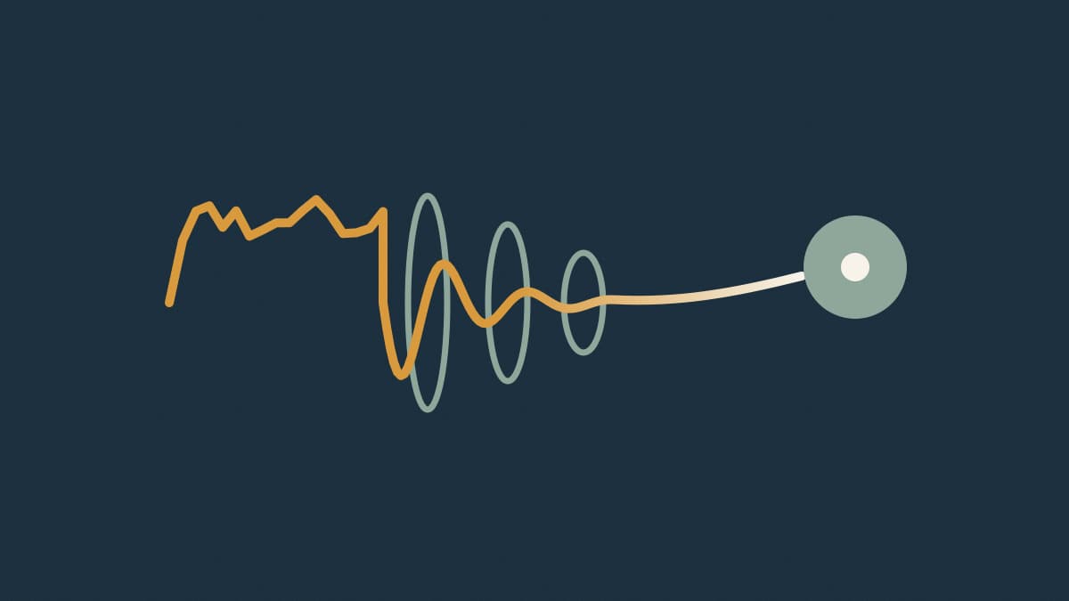 Illustration of a jagged line of energy passing through three rings and becoming a smooth, directed curve