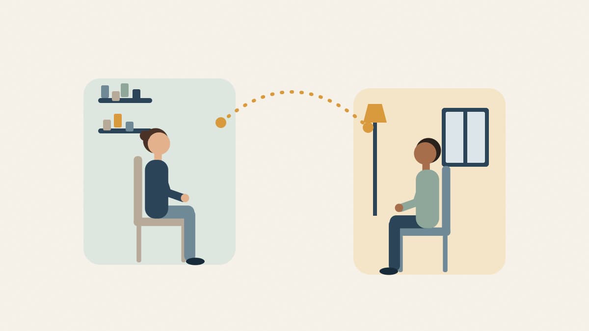 Illustration of two people in two separate rooms connected by a dotted arc